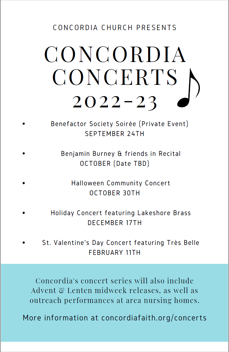 Concert season schedule 22-23 - Concordia Lutheran Church Chicago